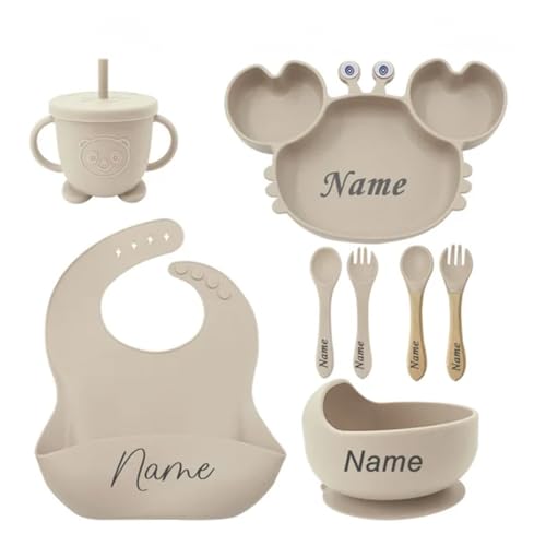 Juego de comida para destete personalizado con nombre de silicona para bebés, juego de destete personalizado que incluye: babero, cuenco, taza, cubiertos de silicona 100% alimentaria (beige)