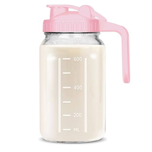 Image of UYEIKMLOP Mason Jar Pitcher, 32 OZ Breast Milk Pitcher Double Leak Proof with Pour Spout Handle, Wide Mouth Iced Tea Pitcher for Fridge, Creamer Container for Coffee, Sun Tea juice (Pink,1 Pack)