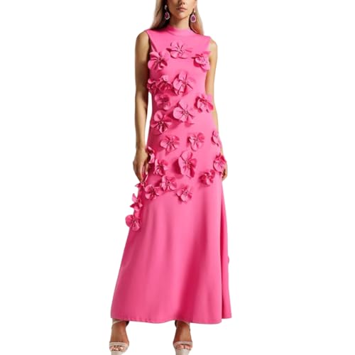 Women Patchwork Appliques Stand Collar Sleeveless High Waist Elegant Spliced Lace Up Dresses