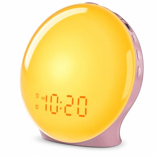 Image of JALL Full-Screen Wake Up Light Sunrise Alarm Clocks for Bedrooms, White Noise Machine for Heavy Sleepers, 25 Natural Sounds, Dual Alarms, FM Radio, 17 Dimmable Colors, Bluetooth Speaker, Metallic Pink