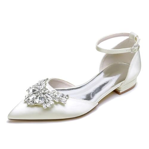 HQINGAXU Mujer Zapatos De Novia Comodidad Punta Cerrada Balerinas con Tacón Bajo Correa En El Tobillo Strass Flats Satinados De Boda Sandalias De Prom Noche Fiesta,Marfil,41 EU