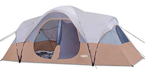 UNP Camping Tent 10-Person-Family Tents, Parties, Music Festival Tent, Big, Easy Up, 5 Large Mesh Windows, Double Layer, 2 Room, Waterproof, Weather Resistant, 18ft x 9ft x78in (Khaki Brown)