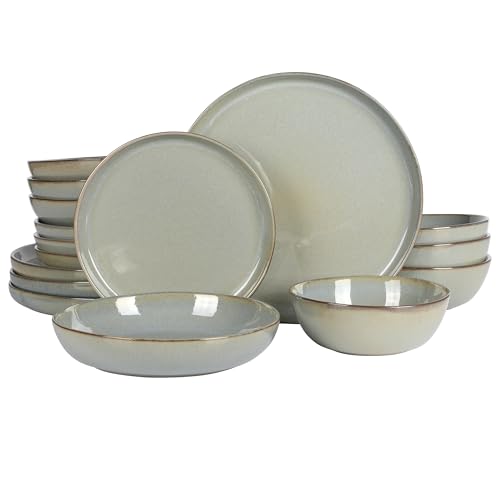 Image of Gibson Elite Berea 16 Piece (Service for 4) Plates and Bowls Reactive Glaze Round Dishes Stoneware Ceramic Dinnerware Set -Green