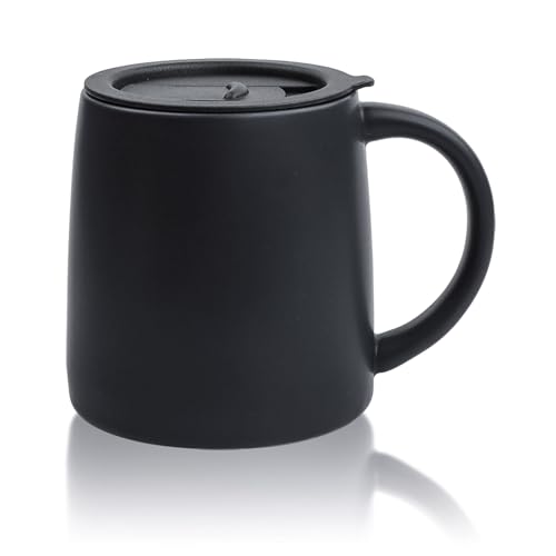 Calkkrer Taza Clásica 400 ml Taza Grande de Café con Asa Taza de Té de Porcelana de Cerámica Suave Mate (Tapa Corrediza Azul Oscuro)