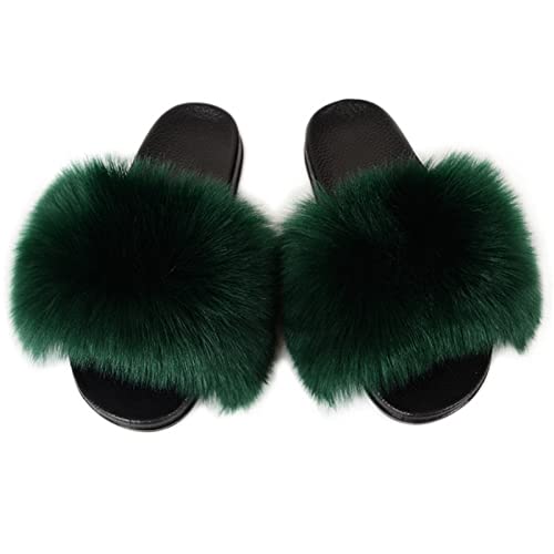 Image of MH Bailment Womens Furry Fluffy Slippers Faux Fur House Slippers Open Toe Fuzzy Slides Soft Flat Slip On Sandals for Indoor Outdoor