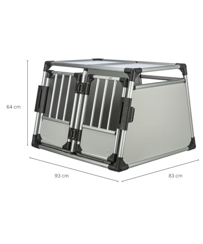 TRIXIE Doppel-Transportbox Aluminium – Hundebox für zwei Hunde bis zu 50 kg, 93 × 64 × 83 cm, mit herausnehmbarer Trennwand, Sicherheitsverschluss vorne & rutschfester Liegematte – 39345