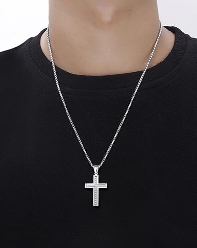 Cross Necklace for Men Stainless Steel Crucifix Pendant Silver White Gold Yellow Black Jesus Christ Plain Simple Women Fine Jewelry Gifts, 24 Inches Rolo Chain, Zirconia, Polished, Rope2