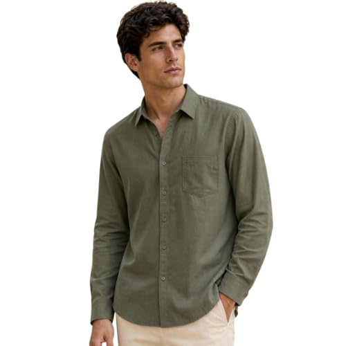Image of Nobero Breezy Premium Linen Cotton Shirt for Men | Stylish Casual Shirts for Men | Semi Cut Collar | Box Pleat | Curved Hem | Regular Fit | Full Sleeve | S-XXXL