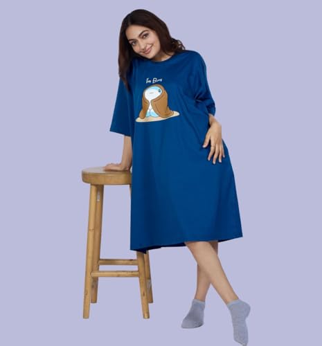 Image of LAMA STORE Women's Printed Oversized T-Shirt Dress, Cotton, 3 /4 Sleeve Length, Casual Loose Fit, Comfort Wear Extra Comfy Oversized Printed Pocket T-Shirt Dress