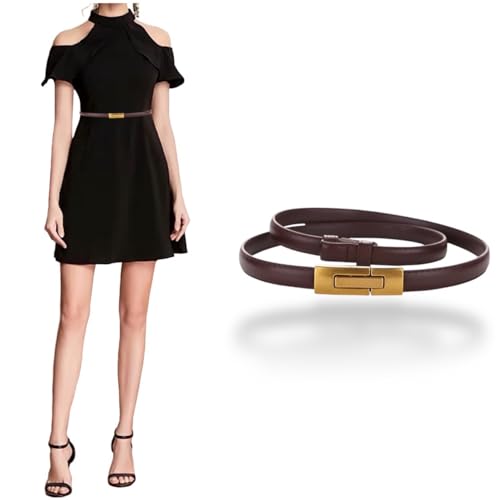 Women's Belt Adjustable Skinny Genuine Leather Belts For Dress Pants, Slim Waist Belt Gold Bronze Buckle Waistband4