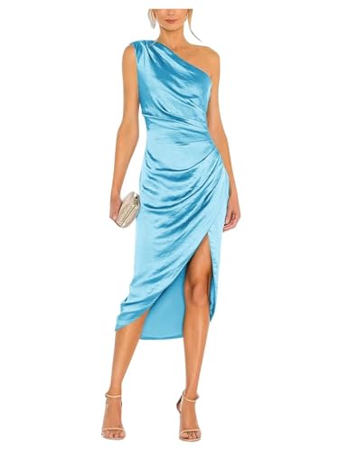 Image of Satin Bridesmaid Dresses for Women One Shoulder Prom Dress Pleated Midi Formal Cocktail Gown Wedding Guest Dress with Slit
