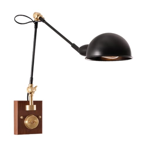 ZHKABEG Aplique de Pared de Brazo oscilante Ajustable, luz de Lectura montada en la Pared Vintage con Pantalla de Metal y Detalles de latón, iluminación de Pared Cableada con Base de Madera de Nogal