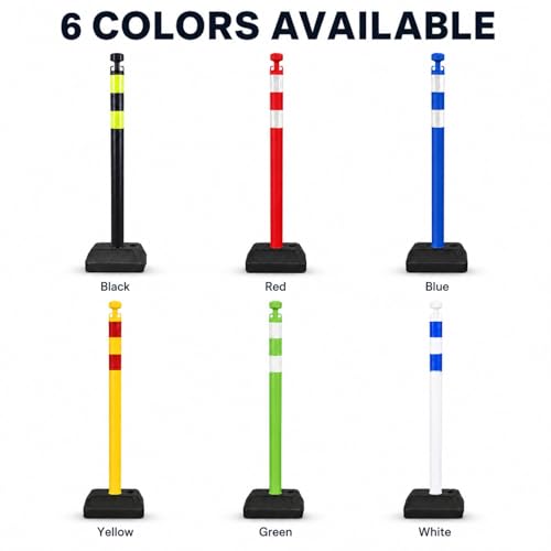 Image of 6 Pack Traffic Delineator Post Cones with Chain Stanchion, Blue Crowd Control Safety Barrier Posts with Water Filled Base for Warehouses, Parking Garages and Crowd Guidance (Blue)