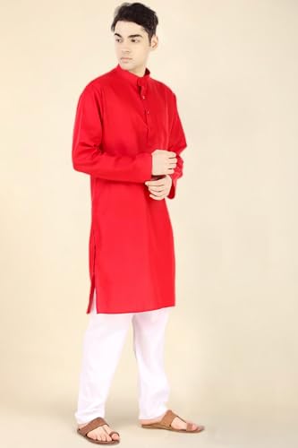 Image of Men's Cotton Solid Kurta Set Mandarin Collar Regular Fit Long Sleeves Ethnic Dress