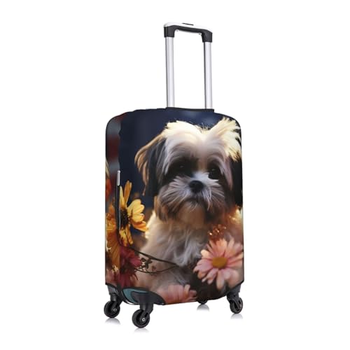 Travel Luggage Cover Elastic Anti-Scratch Suitcase Protector Washable Travel Suitcase Cover Shih Tzu Dog And Flowers Luggage Protector Fits 18-32 Inch Suitcase3