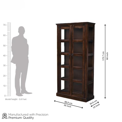 Image of Book Shelf Wooden with Door, Bookshelf with Glass Door for Home Library, Solid Wood Bookcase Wooden Crockery Cabinet for Kitchen - Walnut Finish
