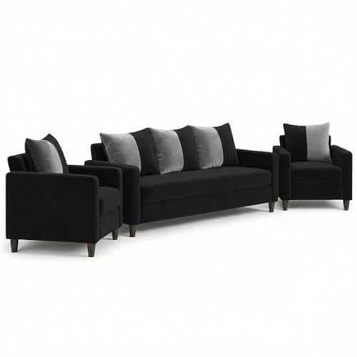 Image of FURNY Rion 5 Seater Fabric 3+1+1 Sofa Set (Black-Light Grey) Premium Velvet Finish | Durable & Comfortable | Ideal for Living Rooms