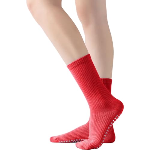 Yoga Pilates Socks with Grips for Women Non Slip Solid Colored Cushioned Crew Compression Socks for Barre Ballet Dance