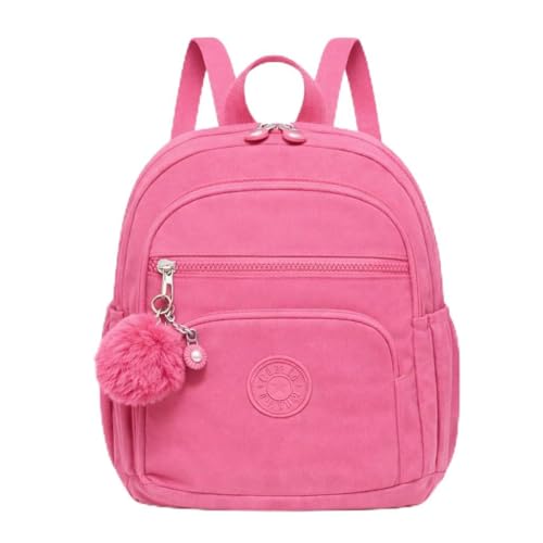 Mini Mochila Feminina de Nylon Impermeável, Extremamente Leve e Resistente a Água, Mochila Pequena com Pompom, Mochilinha Versátil com 4 Zíperes (Pink)