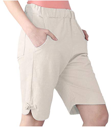 SCOFEEL Women's Linen Bermuda Shorts Plus Size Casual Capris with Pockets 2X Beige