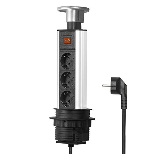 Elbe Socket para Mesa Empotrado con Interruptor, Enchufe múltiple de 3 Tomas, Enchufe alemán, Aluminio con Cable de 1,5 m, Apto para Oficina, Estudio y Cocina_EL1803K