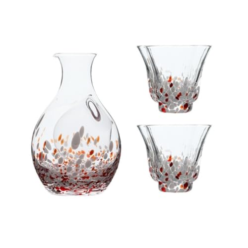 Qfmr 日本酒 グラス セット 冷酒器セット 酒器 水晶ガラス おちょこ ギフト適用 徳利 1 + 盃 2 彩点デザイン 冷酒保持 (ピンクです)