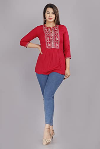 Image of Shiva Fab Short Kurti for Women | Embroidered Straight Rayon Kurta | Round Neck Full Sleeves Short Kurti for Women's