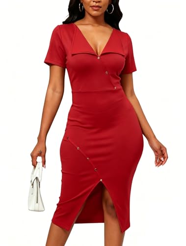 Image of Fooullaide Women's Sexy Bodycon Mid Dress Stretch Short Sleeve V Neck Cocktail Party Dresses