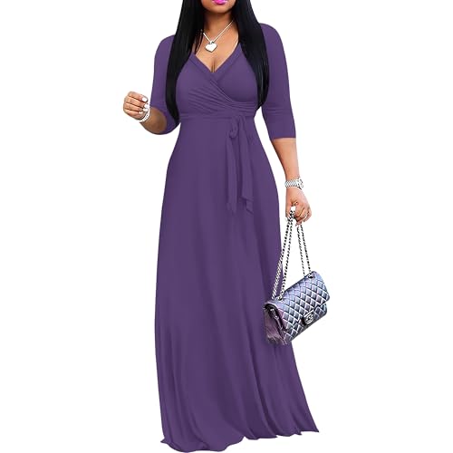 Image of PinkPatty Women's Print Maxi Dresses 3 /4 Sleeve Flowy Long Dress V Neck Wrap Tie Waist Sundress
