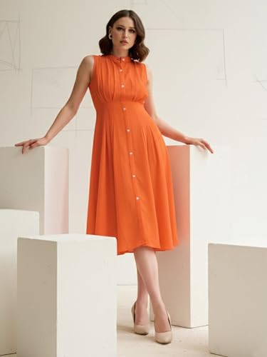 Image of PURVAJA Women's Pleated Knee Length Sleeveless Mandarin Collar Solid Dress