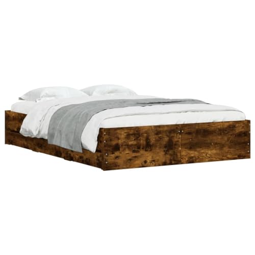 vidaXL Cama con Cajones, Somier de Listones, Armazón Base de Cama, Mueble para Dormitorio, Madera de Ingeniería Roble Ahumado 135x190 cm