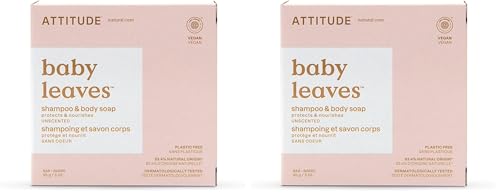 Image of ATTITUDE Baby Plastic-Free Shampoo and Body Soap Bar, EWG Verified, Dermatologically Tested, Vegan, Unscented, 3 Ounces (Pack of 2)