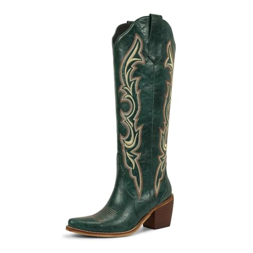 wetkiss Cowgirl Boots Women with Flame Embroidery Emerald Green Size 9.5