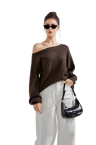 SUUKSESS Women Off The Shoulder Fall Sweaters Long Sleeve Boat Neck Oversized Pullover Sweater Tops