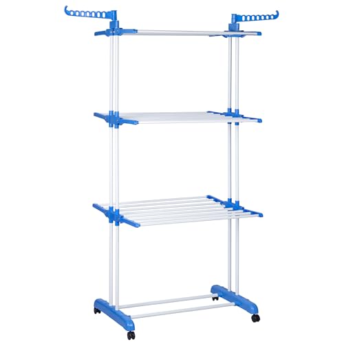 T-LOVENDO.ES Tendedero Vertical Plegable De Alta Capacidad de Ropa - 4 Niveles con Barras de Acero Inoxidable con Dos Alas Laterales Amplio Espacio para Secar. Ruedas Incluidas. Azul.