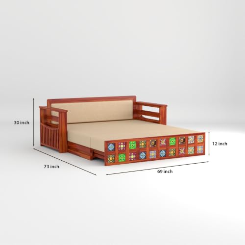 Image of Solid Sheesham Wood Sofa Cums Bed with Mattress & Storage | Rosewood Convertible Sofa Bed for Living Room & Bedroom (F-Honey Finish, 3 Seater)
