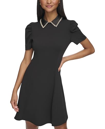 KARL LAGERFELD Women's Short Puff Sleeve Embellished Collar Scuba Crepe A-line Mini Dress
