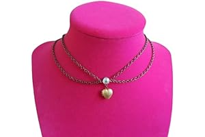 Layered Tiny Heart Locket Antique Gemstone Choker Necklace (15" Length)