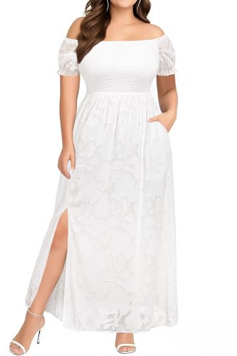 Image of Holipick Women's Off The Shoulder Boho Dress Plus Size Floral Smocked Waist Split Summer Maxi Sundress with Pockets
