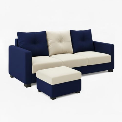 Image of FURNY Heritage 3 Seater Fabric Sofa Set with 1 Ottoman (Dark Blue-Cream) with Velvet Finish | Durable Comfort | Ideal for Living Room. | Breathable material