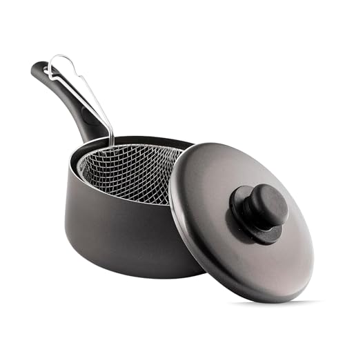 SK COOKWARE Chip Pan with Basket & Lid Non-Stick Fat Fryer Set 22cm | Durable Crispy Frying Pan with Plastic Handles | Ideal for Gas Stoves & Home Frying (10 Black) (Black 20cm)