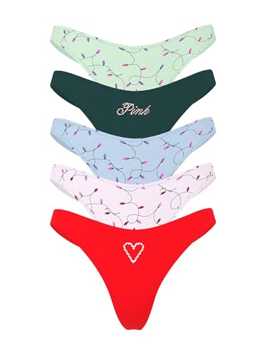 Victoria's Secret PINK Women's Cotton Thong Underwear, Panties for Women, Holiday Lights Pack, S