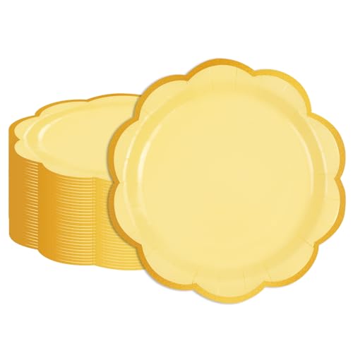 EVYIENEN Lot de 50 assiettes en carton festonnées jaunes de 17,8 cm - Assiettes jetables en papier doré pour gâteaux, desserts, anniversaires, mariages,...