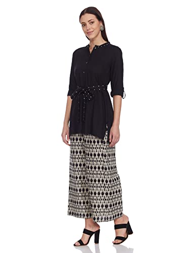 Image of Wishful By W womens Black Mandarin Collar Kurta-Printed Parallel Pants Set