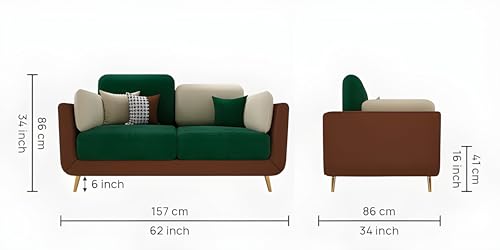 Image of Velvet Contemperory Sofa Couch with Cushion Chaise Lounge Sectional Perfect for Living Room & Bedroom Guests Home & Office (2 Seater Green & Beige)