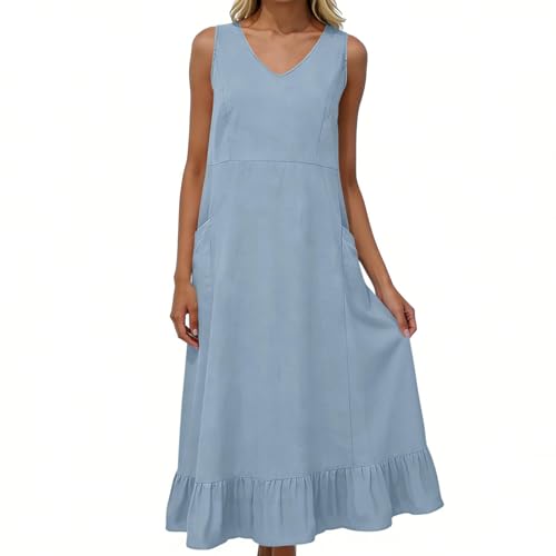 Robe longue femme lin coton col V boutons robe évasée été respirante