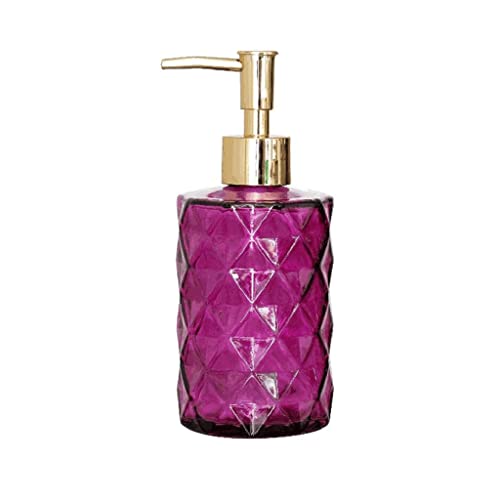 VNABO Dispensador de jabón recargable de 11.5 onzas, botella de jabón de vidrio de cocina, dispensador de jabón transparente recargable, dispensadores de loción de baño con bomba (morado) para cocina