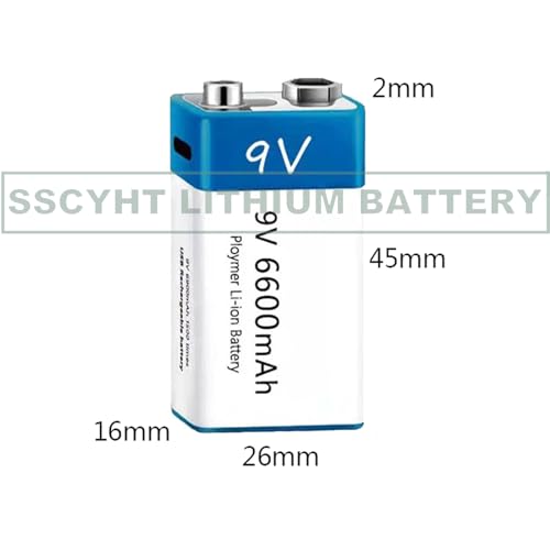 SSCYHT 9V Rechargeable Lithium Battery High Capacity 9V 6600mAh Li-ion Battery with USB Charging Cable for Smoke Alarms/Multimeters/Microphones/Toys Backup Battery,2pcs 9v6600mah
