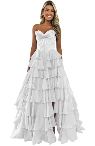Meleg ölelés Lace Up Back Prom Dresses 2025 Long Tiered Ruffle Chiffon Formal Evening Gown with Slit Satin Corset White Layered Dress 20W