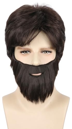 Perruque marron homme avec barbe et moustache Topcosplay pour déguisement d'Halloween
